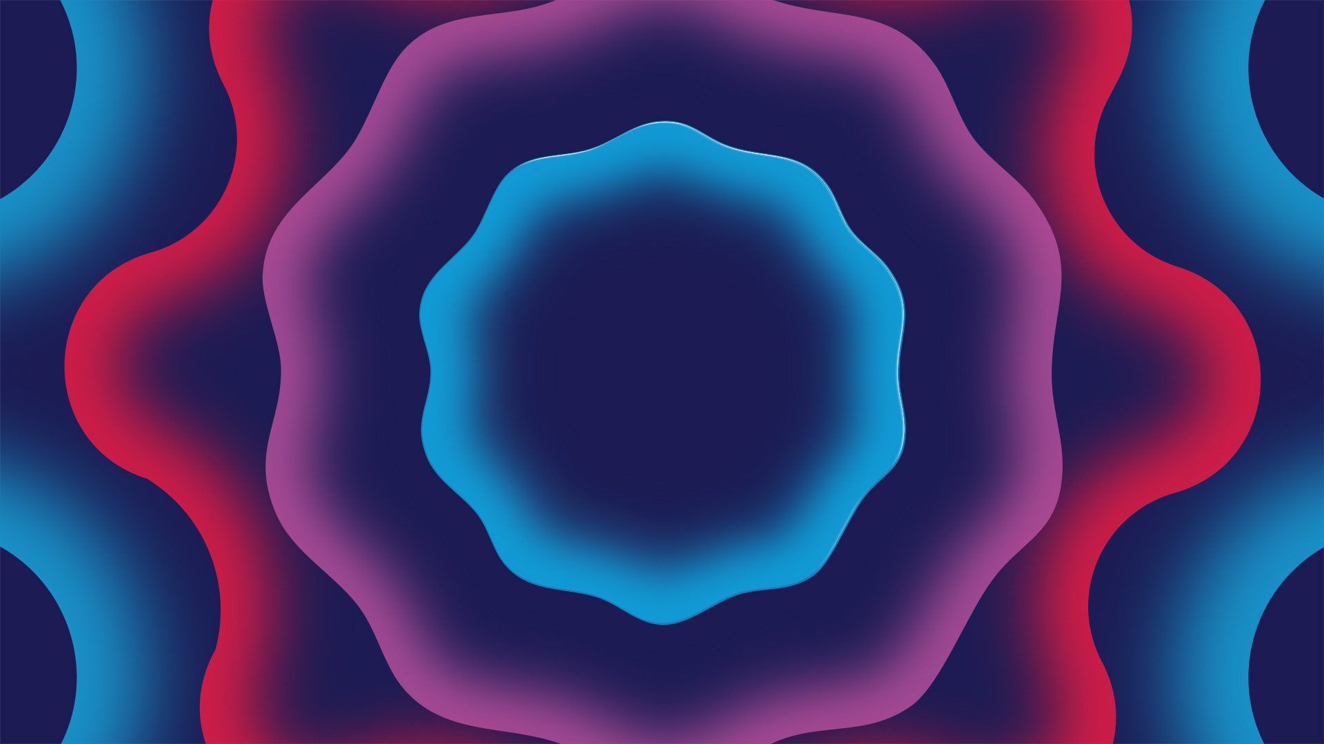 Visual with a vibrant, abstract design with pulsating concentric shapes in shades of deep purple, blue and red. 